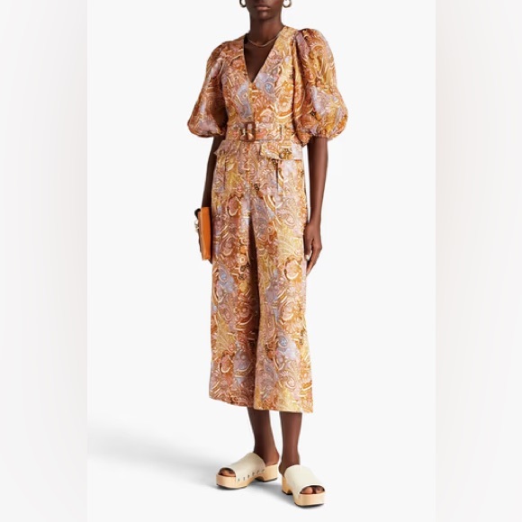 Zimmermann Brown Concert Belted Paisley-print Linen And Ramie Jumpsuit Size AU 1 - Picture 5 of 12
